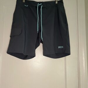Duluth Trading Co Men's Dark Gray Swim Shorts with Teal Drawstring
